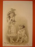 犬と猫と少女のポストカード　1900年