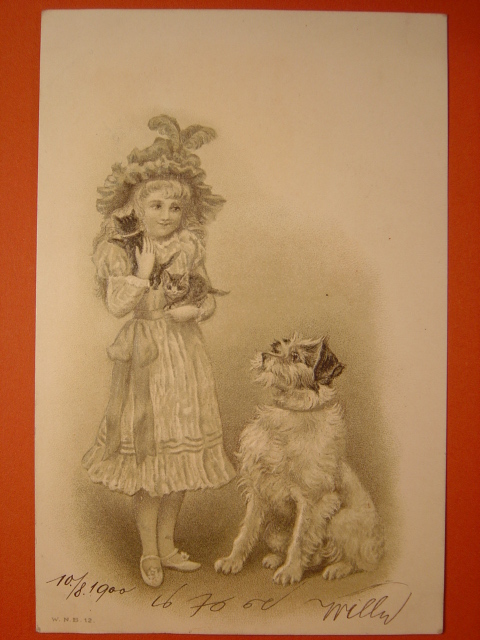 画像1: 犬と猫と少女のポストカード　1900年